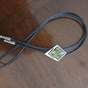 Elegant Black and Silver Bolo Tie with Green Accent Vintage